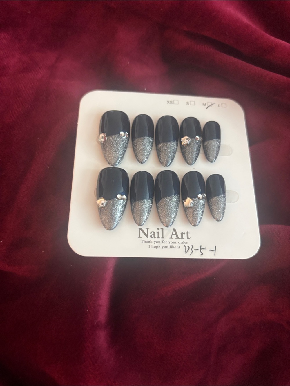 Black and Silver Glitter Press-On Nails with Gem Accents